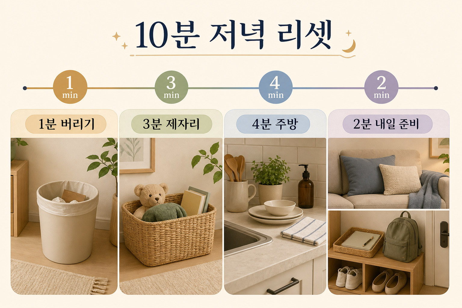 1분 버리기 3분 제자리 4분 주방 2분 내일 준비