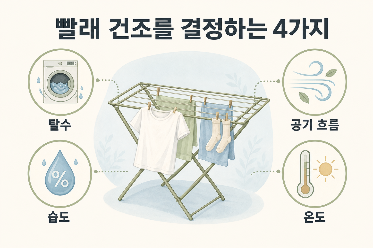 빨래 건조를 결정하는 탈수 습도 공기 흐름 온도의 네 가지 요소