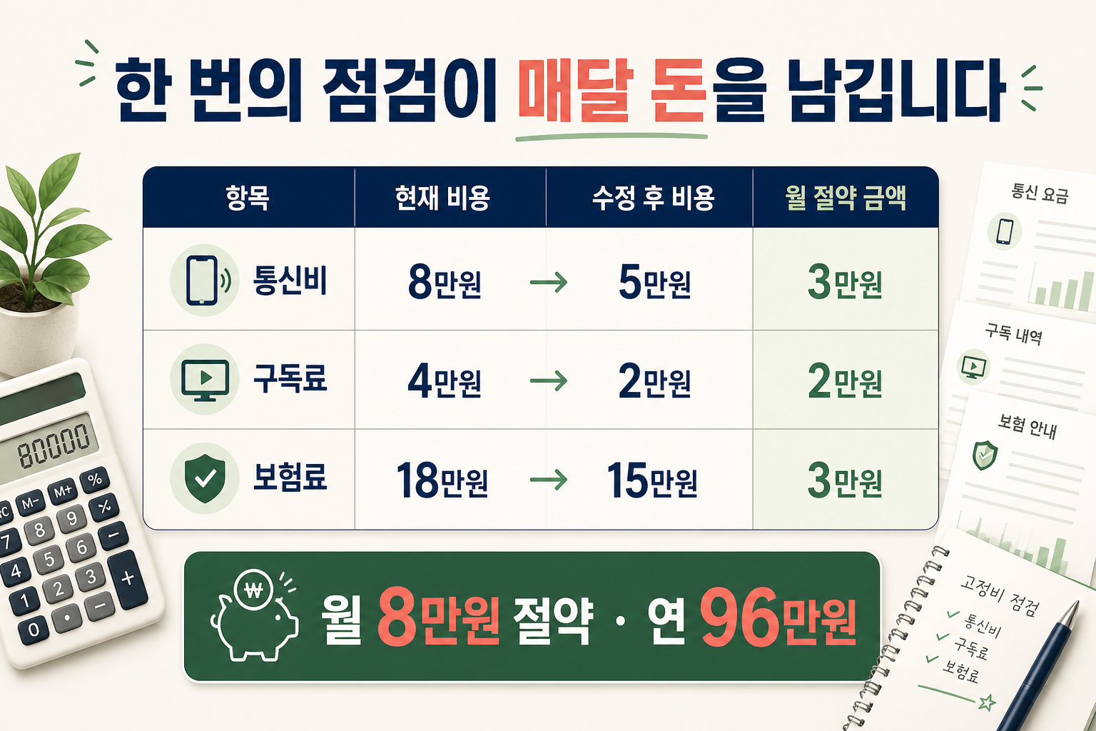 통신비 구독료 보험료를 조정해 월 8만원 연 96만원을 절약하는 예시