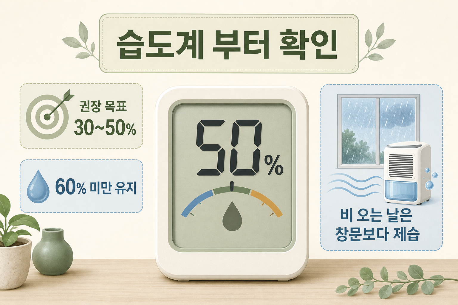 장마철 실내 습도를 습도계로 확인하고 30에서 50퍼센트를 목표로 관리하는 방법