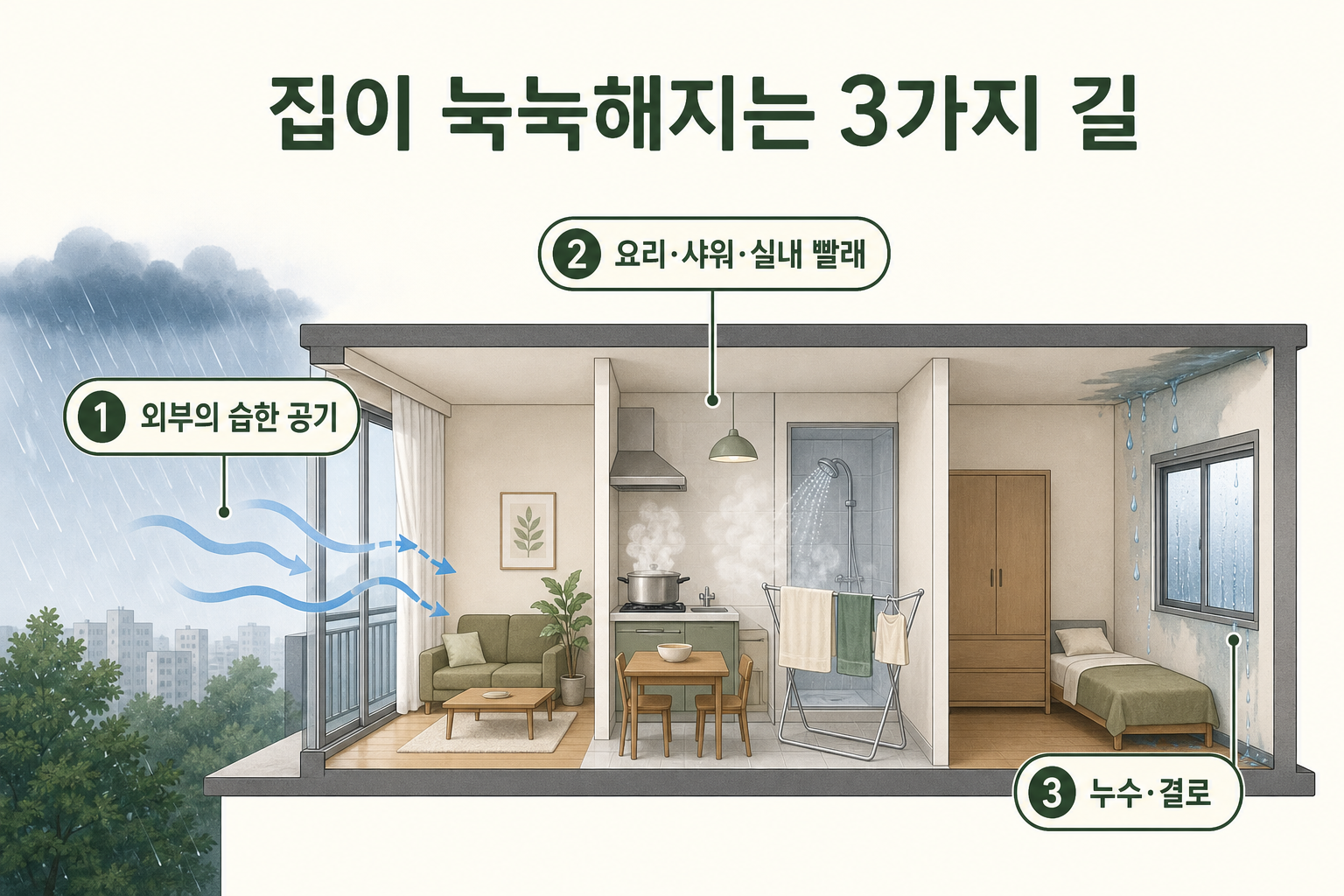 외부의 습한 공기와 실내 수증기, 누수와 결로가 집을 눅눅하게 만드는 세 가지 경로