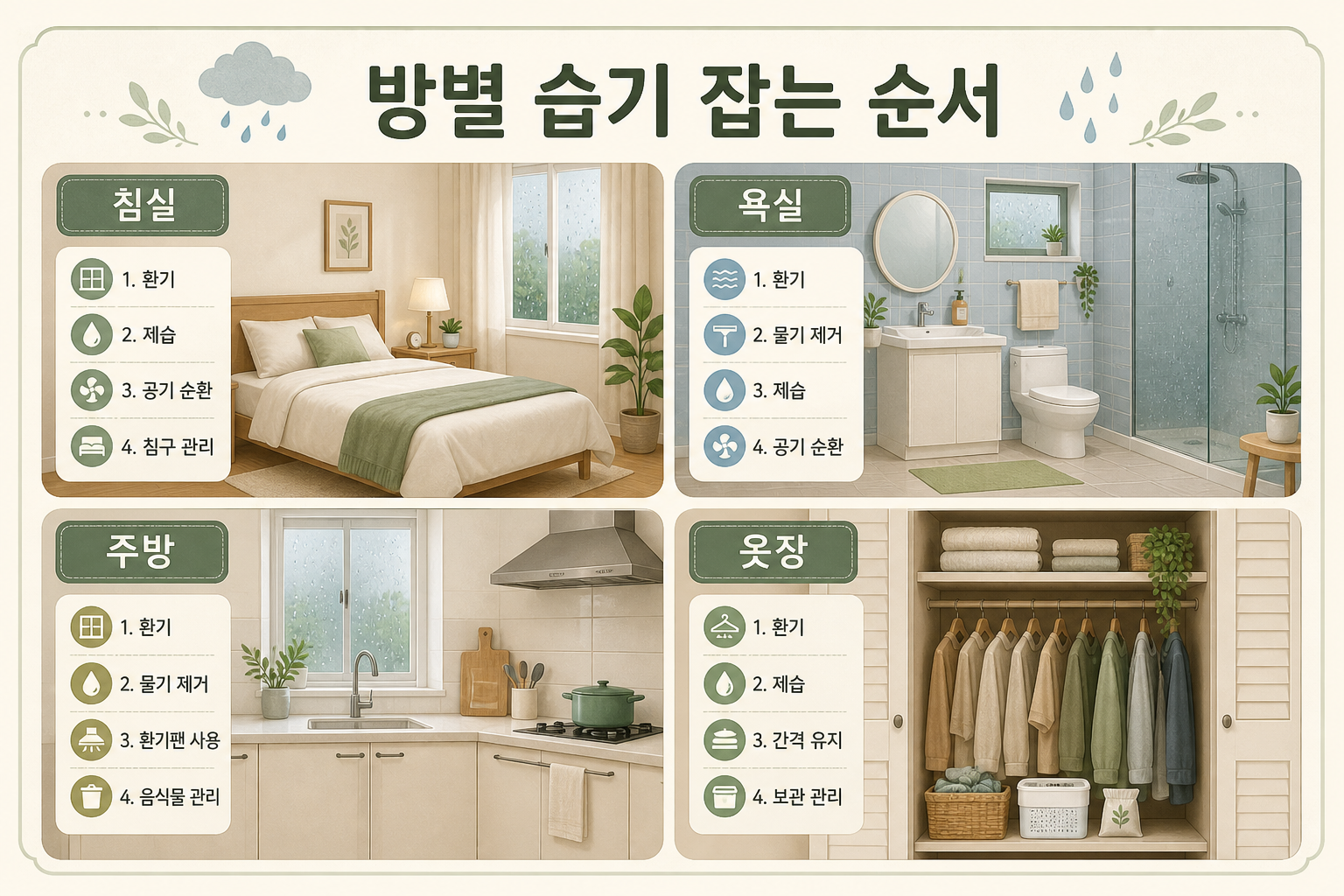 침실 욕실 주방 옷장의 장마철 습기 관리 순서
