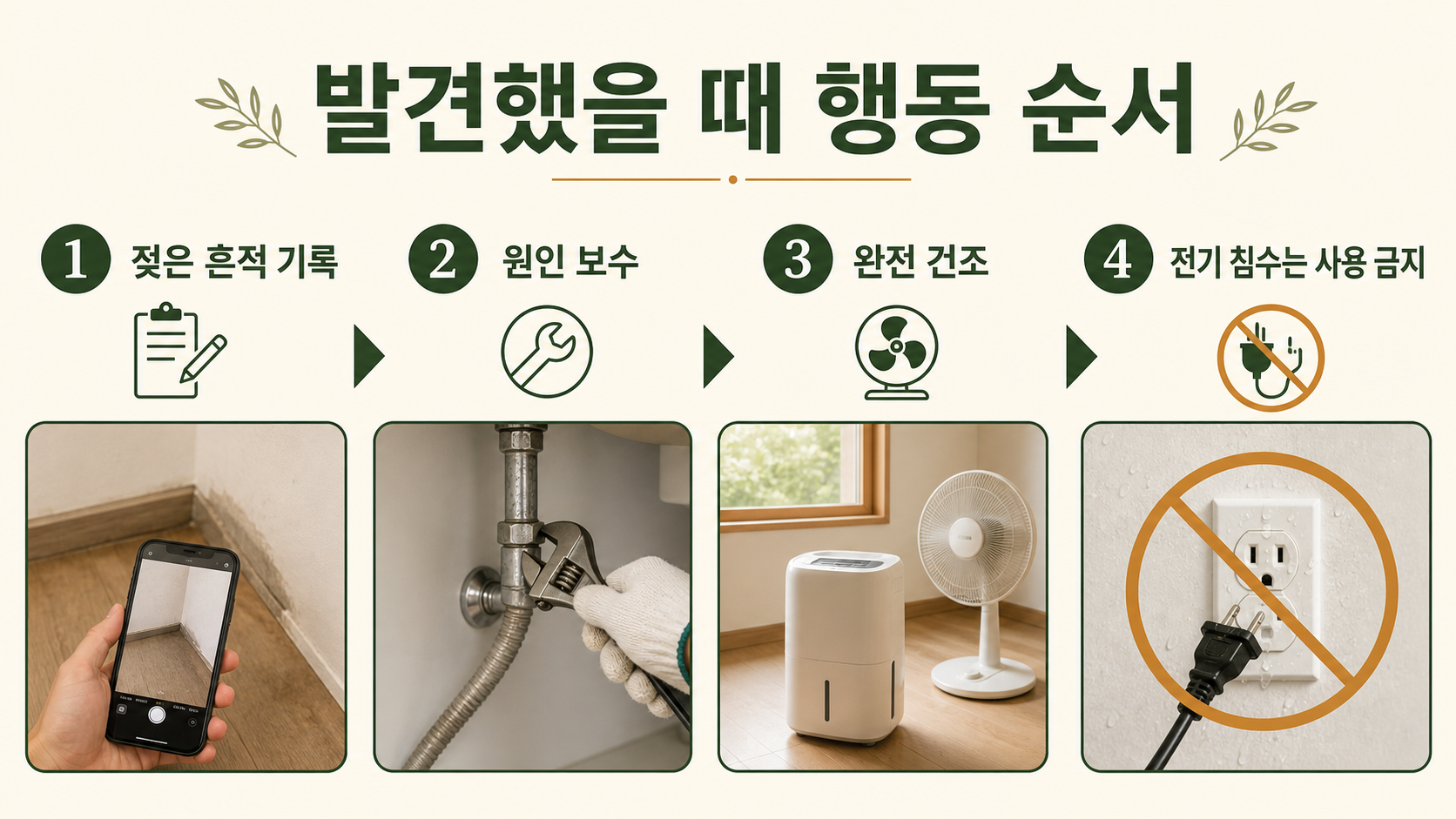 젖은 흔적 기록 원인 보수 완전 건조 전기 침수 사용 금지 행동 순서