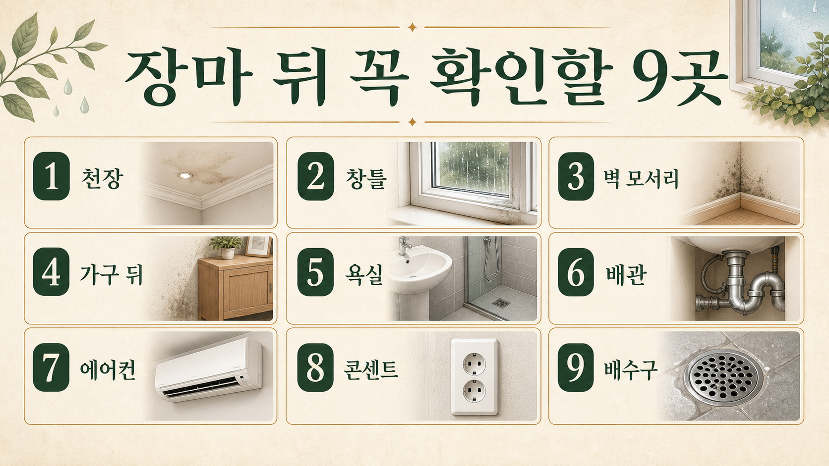 장마 뒤 천장 창틀 벽 모서리 가구 뒤 욕실 배관 에어컨 콘센트 배수구 점검