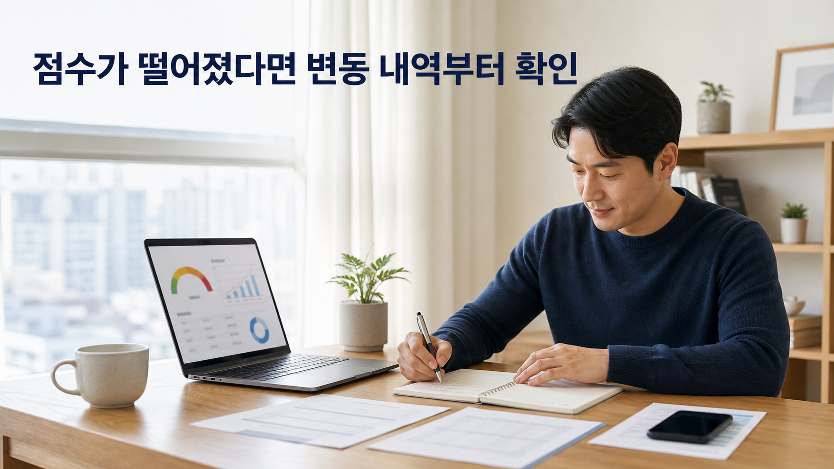 신용점수 변동 내역을 확인하고 회복 계획을 세우는 모습