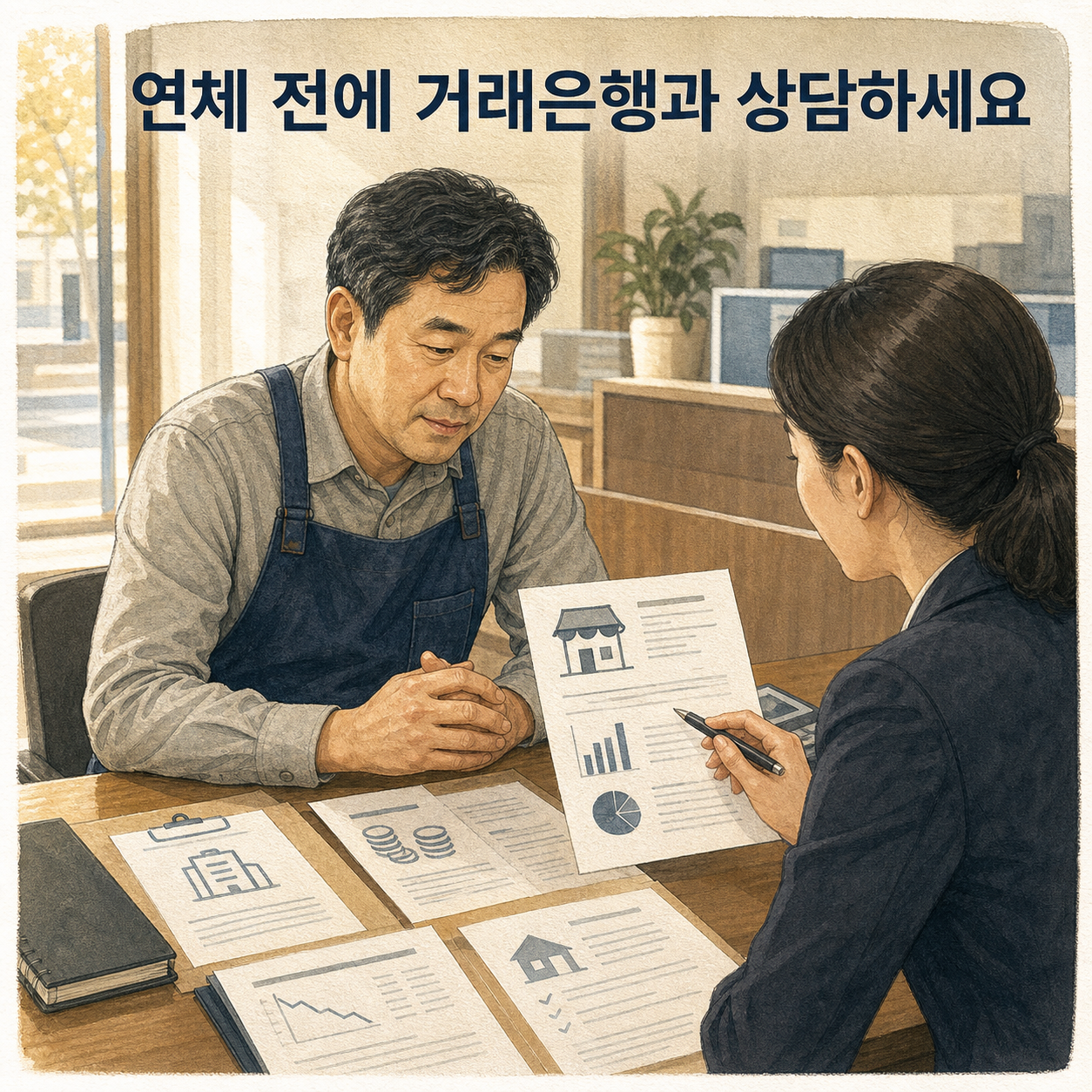 소상공인이 연체 전에 거래은행과 채무조정 상담을 받는 장면