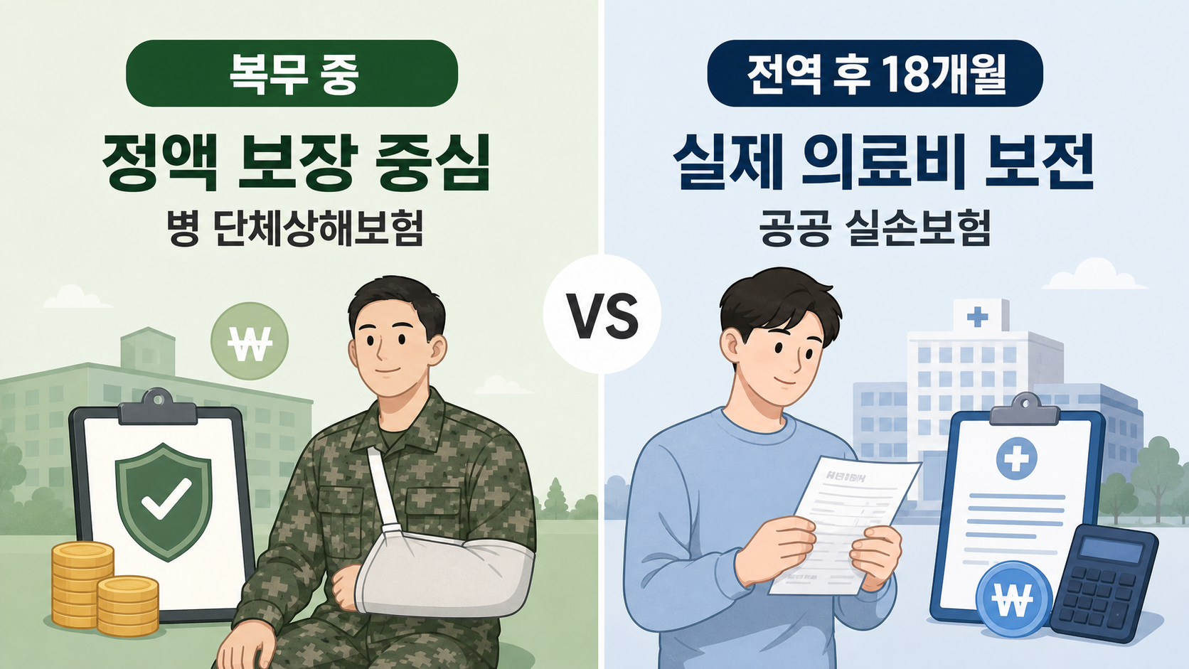 복무 중 단체상해보험과 전역 후 18개월 공공 실손보험 차이를 설명하는 이미지
