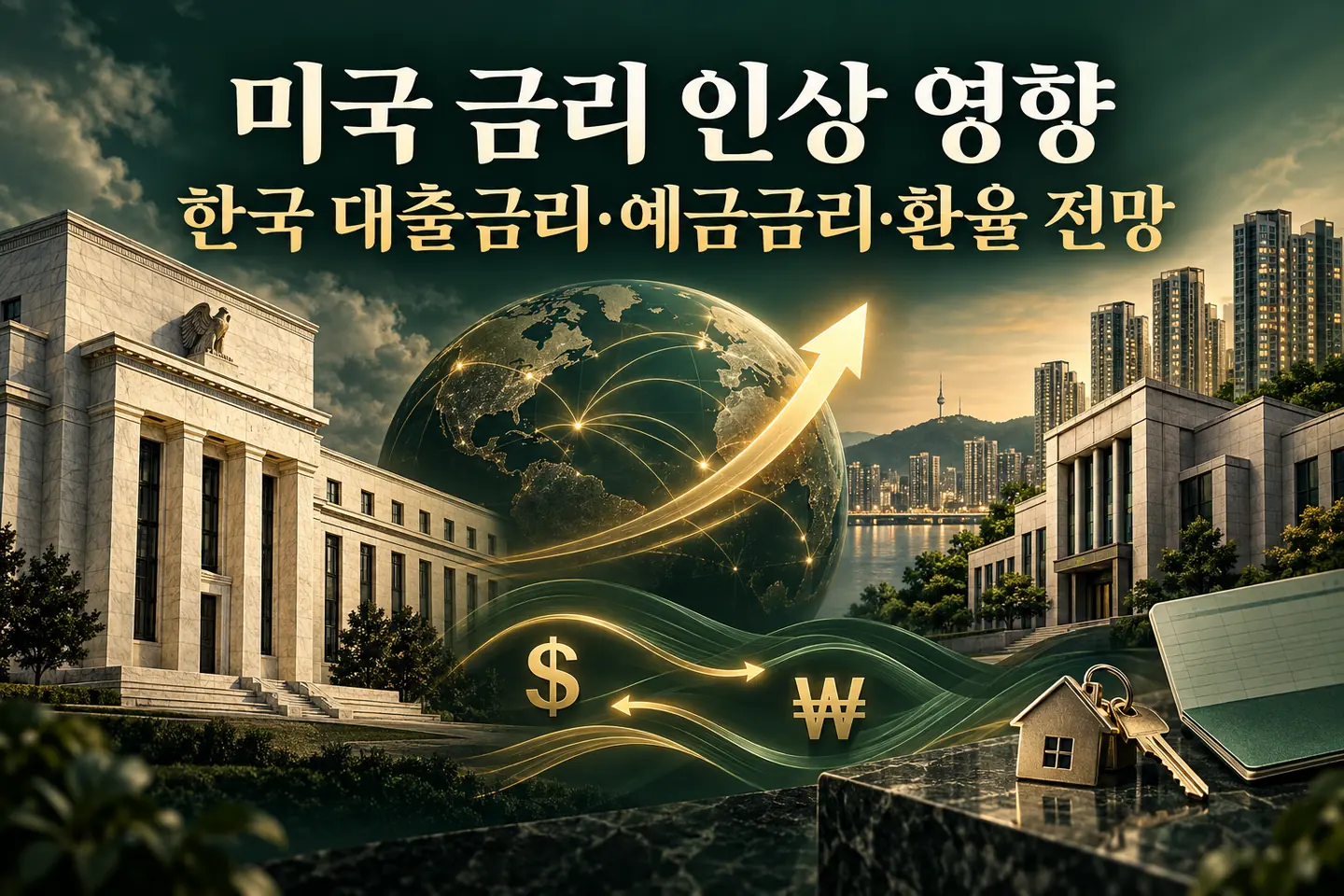 미국 금리 인상이 한국 대출금리·예금금리·환율에 미치는 영향을 표현한 대표 이미지