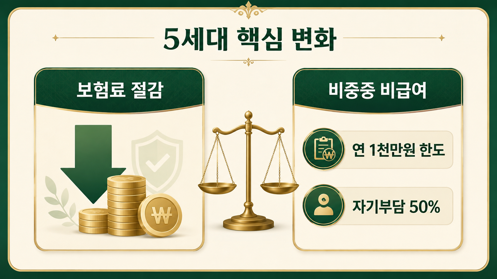 5세대 실손보험의 보험료 절감과 비중증 비급여 축소 비교