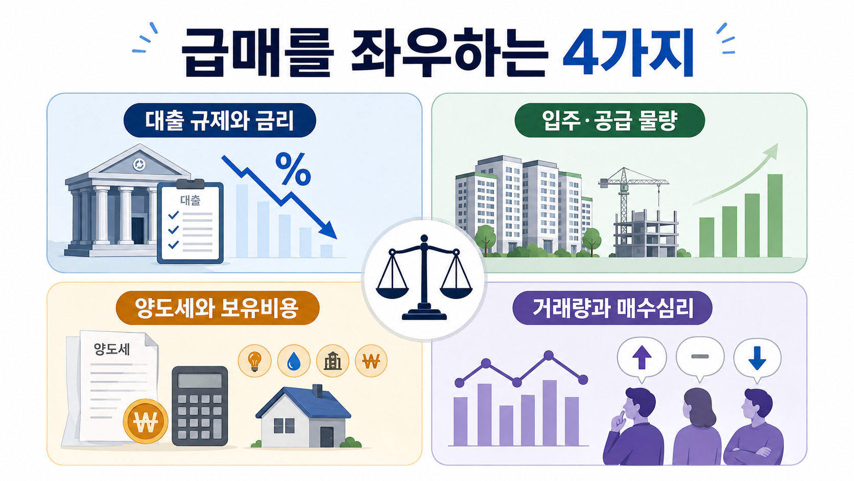 대출 규제 공급 물량 보유비용 거래심리 등 급매를 좌우하는 네 가지 변수를 설명하는 이미지