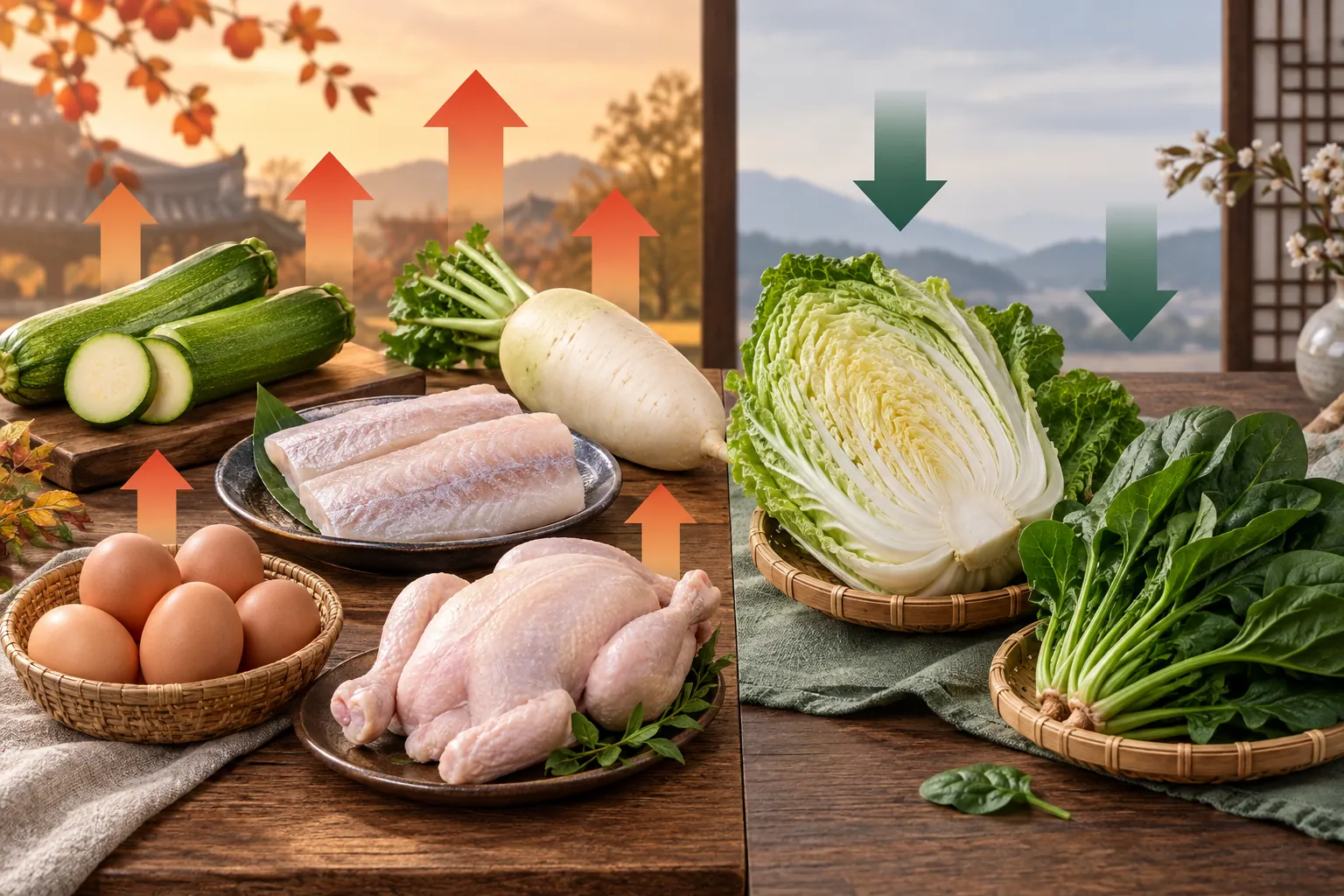 애호박·동태포·무·달걀·닭고기 가격 상승과 배추·시금치 가격 하락을 나타낸 이미지