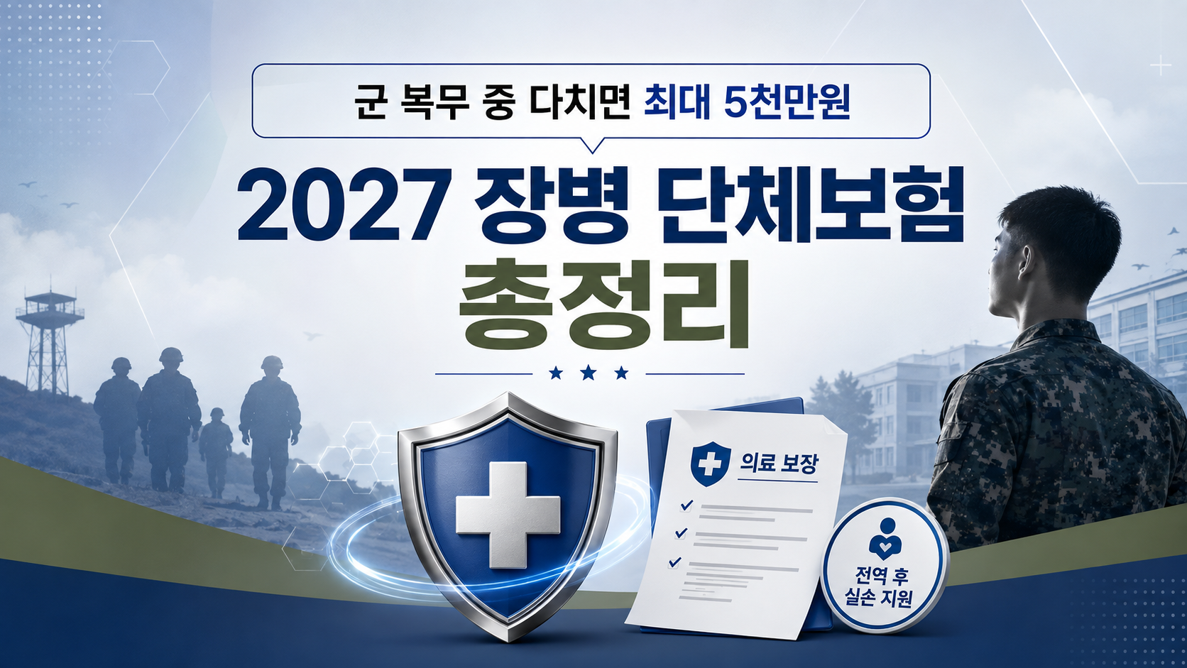 군 복무 중 최대 5천만원 보장 설계와 2027년 장병 단체보험을 설명하는 대표 이미지