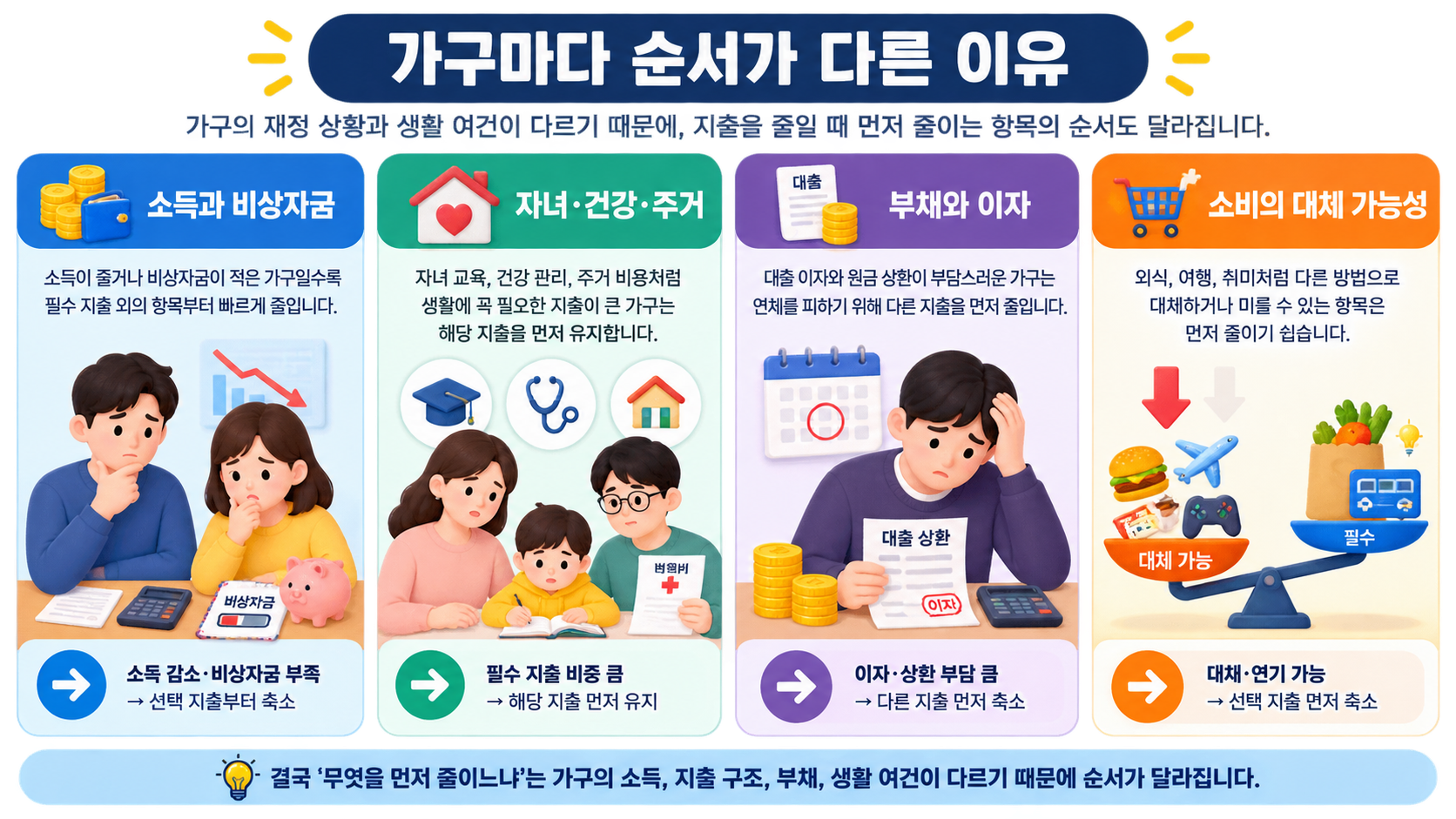 소득 비상자금 필수지출 부채 대체 가능성에 따라 소비 축소 순서가 달라지는 이유를 설명하는 이미지
