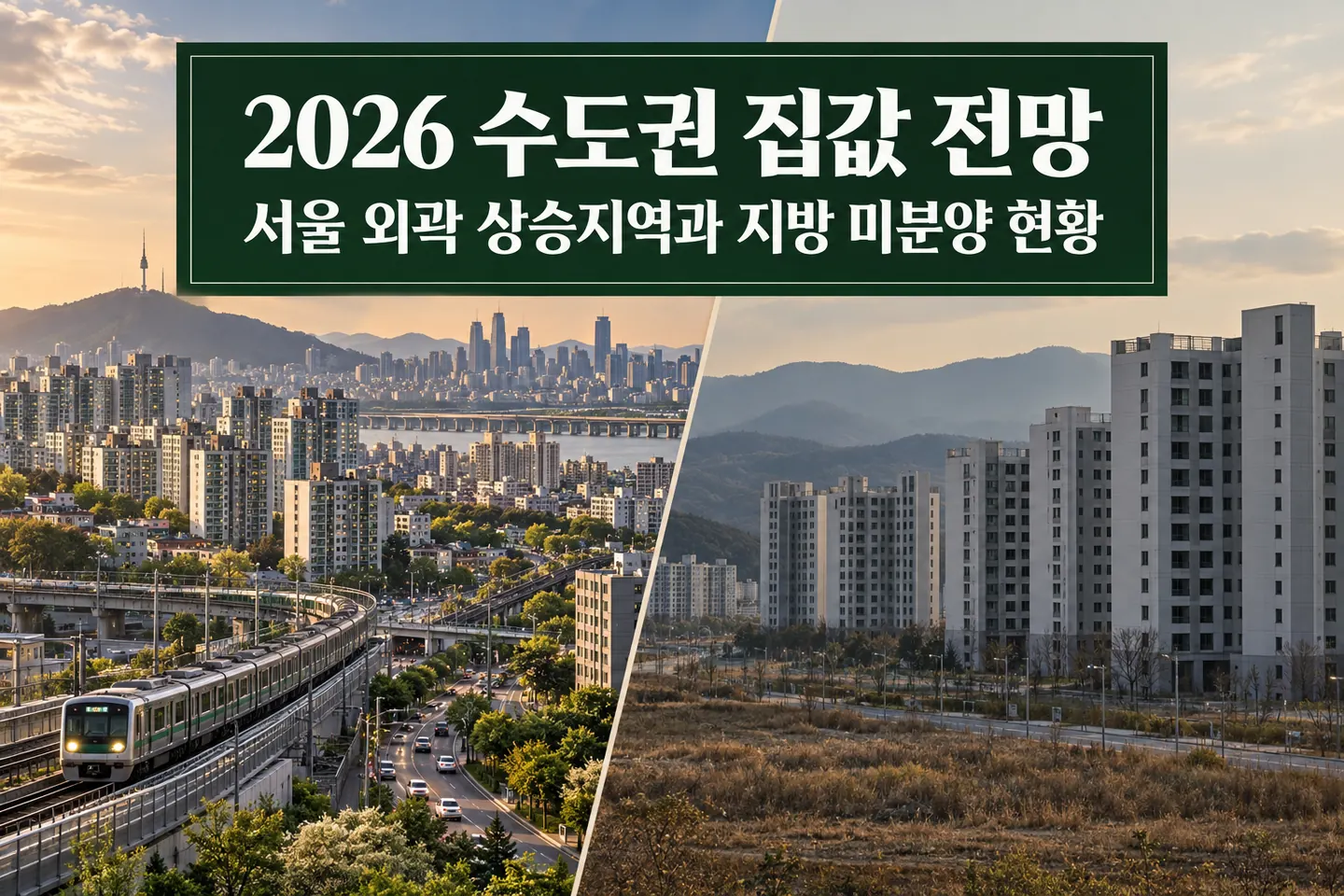 2026 수도권 집값 전망과 서울 외곽 상승지역·지방 미분양 현황을 대비해 보여주는 대표 이미지