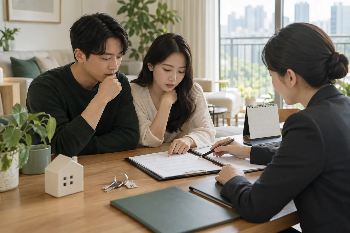 매수인과 중개사가 전세계약 기간과 갱신 조건을 확인하는 모습