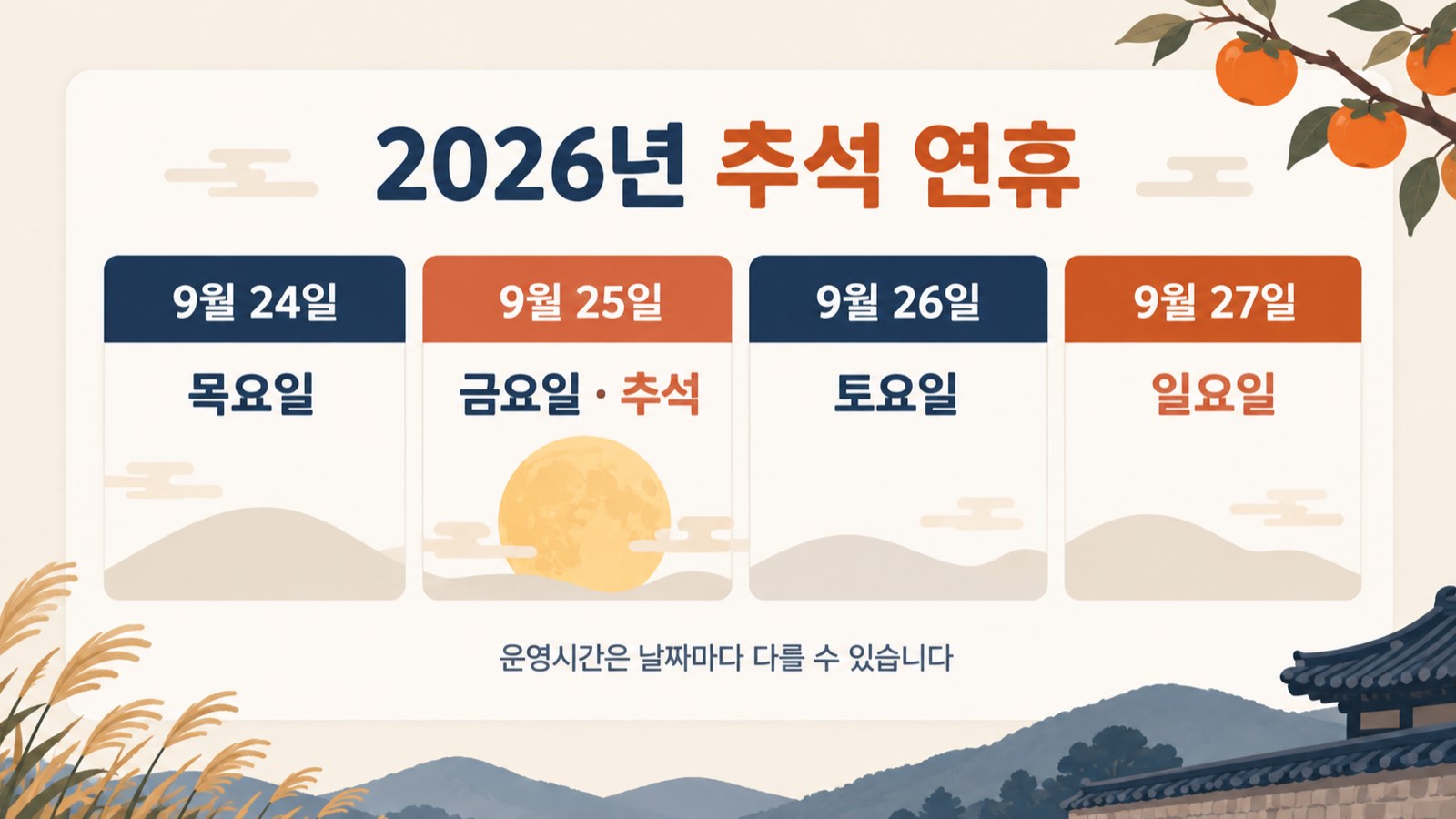 2026년 추석 연휴 9월 24일부터 27일까지 달력