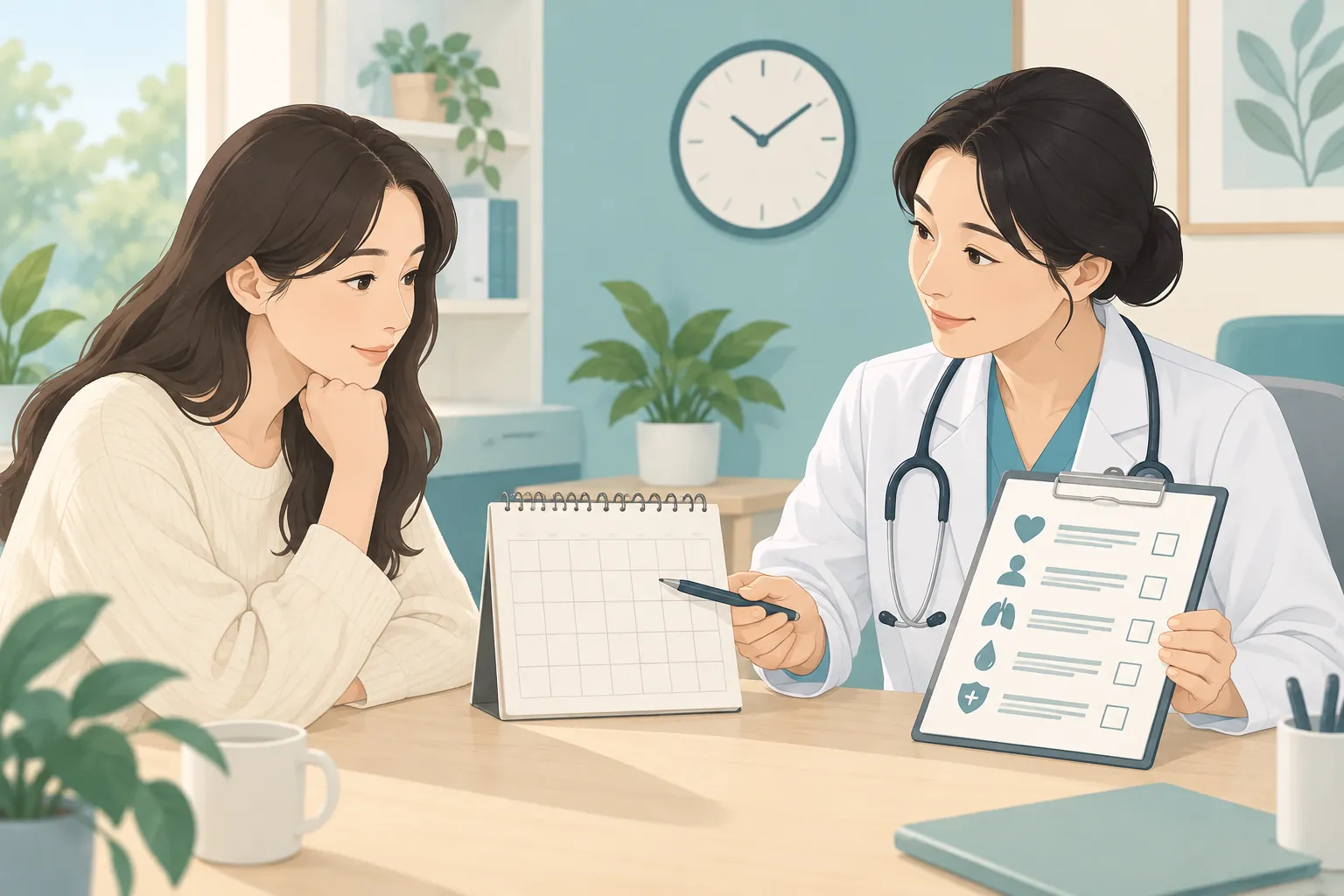 의료진과 상담하며 임신 주수와 개인별 사용 가능 여부를 확인하는 장면