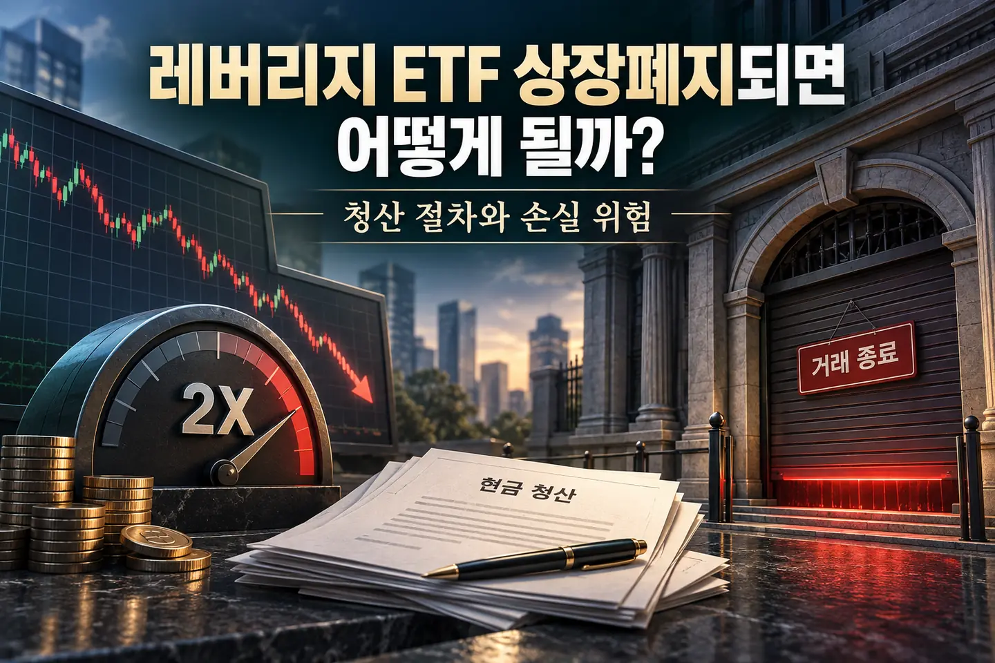 레버리지 ETF 상장폐지 후 청산 절차와 손실 위험을 보여주는 대표 이미지