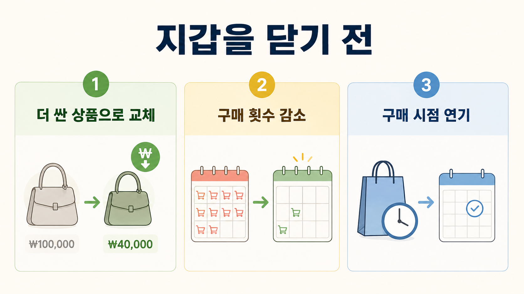 저가 상품 교체 구매 횟수 감소 구매 시점 연기 과정을 설명하는 이미지
