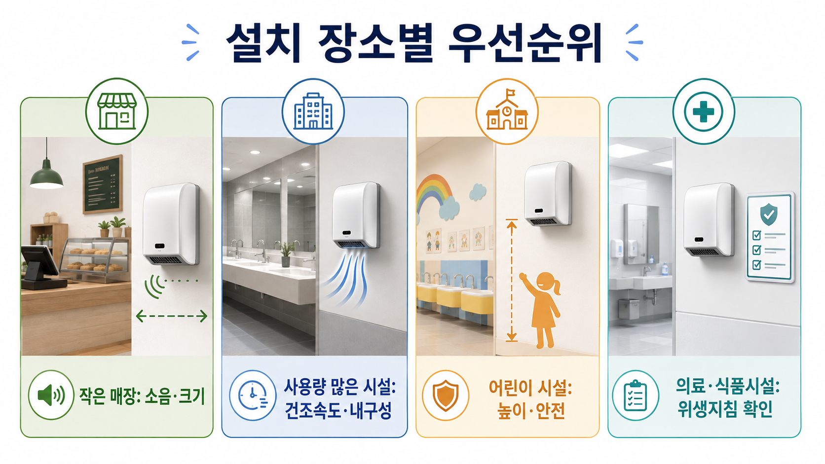 작은 매장 다중이용시설 어린이시설 의료식품시설의 핸드 드라이어 선택 우선순위를 설명하는 이미지