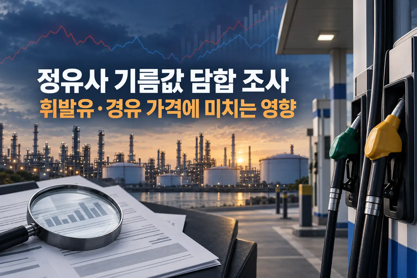 정유사 기름값 담합 조사와 휘발유·경유 가격 영향을 상징한 대표 이미지