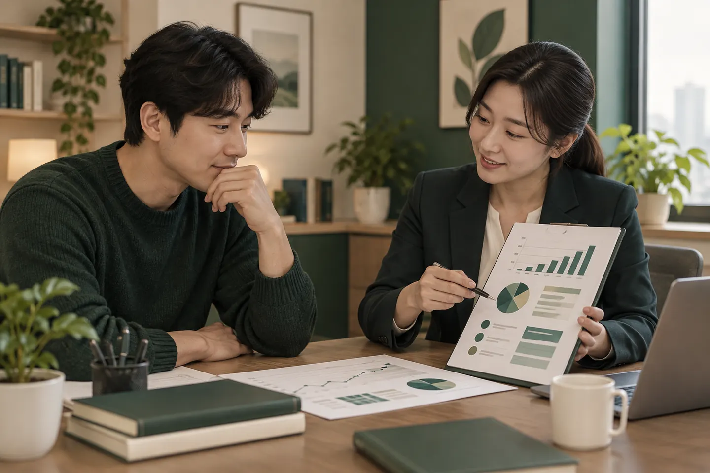 채무자가 상담자와 함께 상환계획을 검토하는 모습