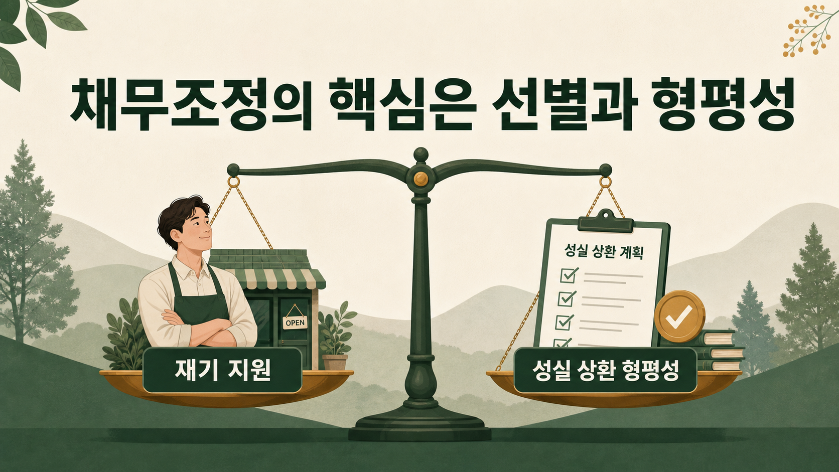 채무조정의 재기 지원과 성실 상환 형평성을 표현한 이미지